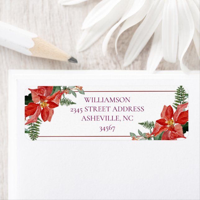 Rustic Winter Poinsettia Red Christmas Wedding Return Address Label (Insitu)