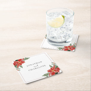 Rustic Winter Poinsettia Red Christmas Wedding Square Paper Coaster