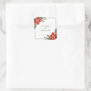 Rustic Winter Poinsettia Red Christmas Wedding Square Sticker