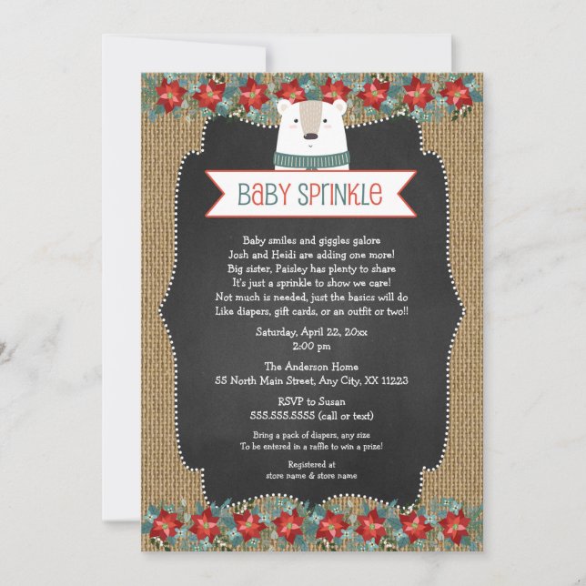 Rustic Winter Polar Bear Baby Sprinkle invite (Front)