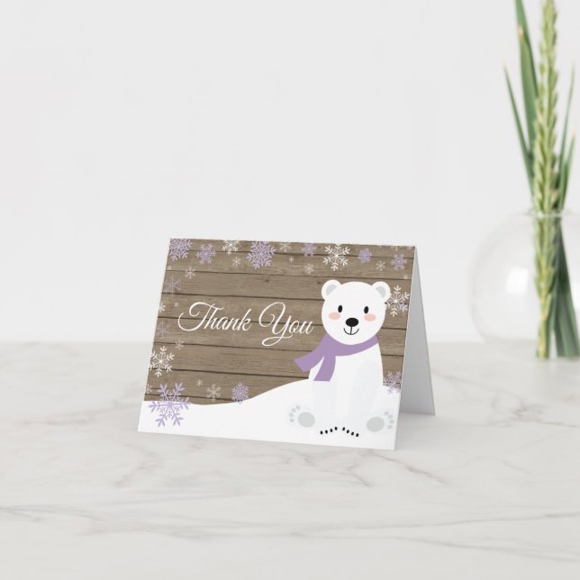 Rustic Winter Polar Bear Snowflake Purple Thank You Card (Front)