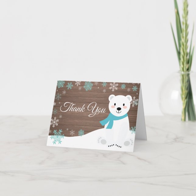 Rustic Winter Polar Bear Snowflake Teal Thank You Card (Front)