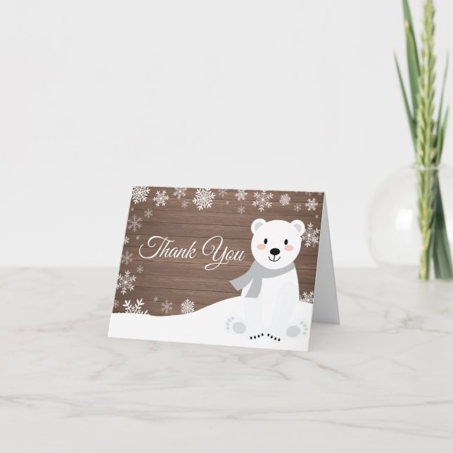 Rustic Winter Polar Bear Snowflake Thank You Card (Front)