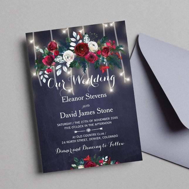 Rustic Winter Red Burgundy Navy Floral Wedding Invitation (Creator Uploaded)