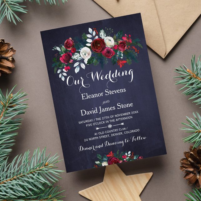 Rustic Winter Red Burgundy Navy Floral Wedding Invitation (Creator Uploaded)