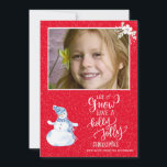 Rustic winter red white chalkboard snowman photo holiday card<br><div class="desc">Rustic modern Let it Snow Have a Holly Jolly Christmas white calligraphy handwritten script lettering winter family photo card on hot light red background, falling snow overlay and watercolor snowman. Personalise it with your photo (horizontal orientated) and your text on front and back! -------- Please note that the red background...</div>