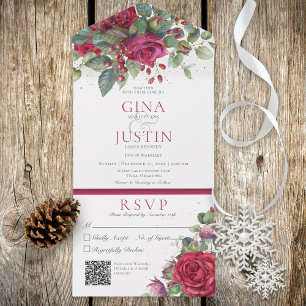 Rustic Winter Red Wine Roses QR Code All In One Invitation