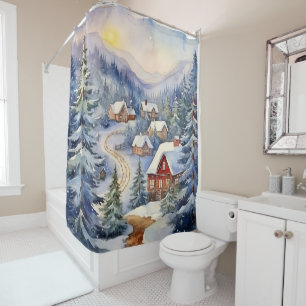 Rustic Winter Scene Chimney Smoke Snow Trees Shower Curtain