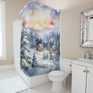 Rustic Winter Scene Chimney Smoke Snow Trees Shower Curtain