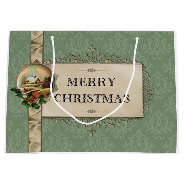 Rustic Winter Scene on Green Damask Large Gift Bag (Front)