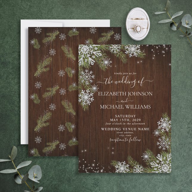 Rustic Winter Silver Snowflake Wood Pine Wedding Invitation (Creator Uploaded)