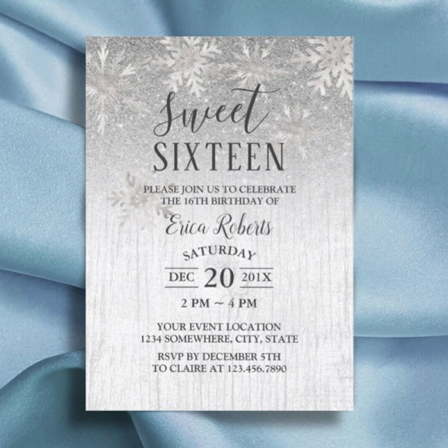 Rustic Winter Silver Snowflakes Sweet 16 Party Invitation (Creator Uploaded)