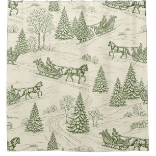 Rustic Winter Sleigh Green Cream Snowy Landscape Shower Curtain