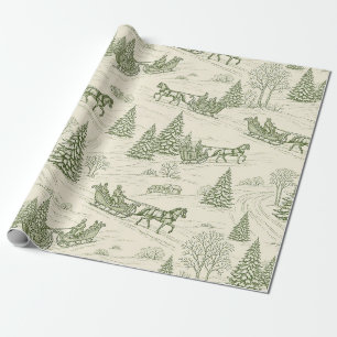 Rustic Winter Sleigh Green Cream Snowy Landscape Wrapping Paper