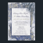 Rustic Winter Snow Barnwood Wedding Invitation<br><div class="desc">Elegant snowy winter wedding announcement with rustic country barnwood design decorated by pine branches in snow, beautiful colours of pale navy, mustard yellow and white, rsvp details included. Christmas Holiday Winter Wedding Rehearsal Dinner Couple's Shower Chistmas Holiday Party Customised Invitations. All the default text can be fully customised with your...</div>