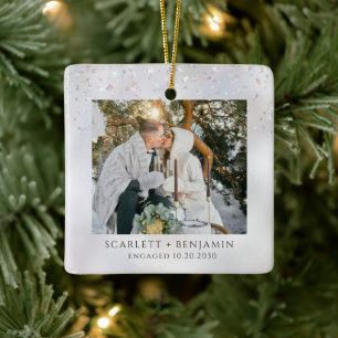 Rustic Winter Snow Engagement Photo Ceramic Ornament