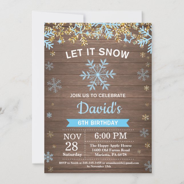 Rustic Winter Snowflake Blue and Gold Boy Birthday Invitation (Front)