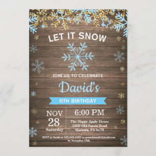 Rustic Winter Snowflake Blue and Gold Boy Birthday Invitation