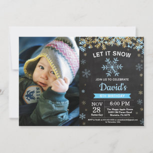 Rustic Winter Snowflake Blue Gold Boy Birthday Invitation