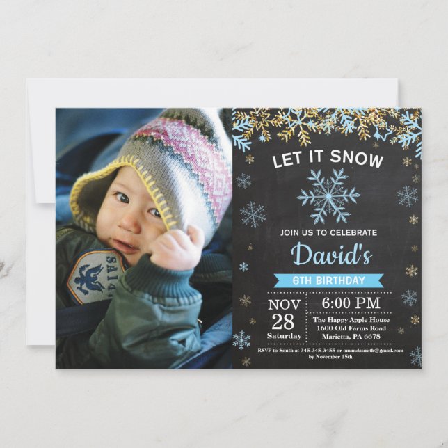 Rustic Winter Snowflake Blue Gold Boy Birthday Invitation (Front)