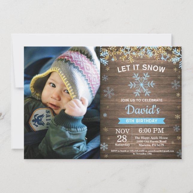 Rustic Winter Snowflake Blue Gold Boy Birthday Invitation (Front)