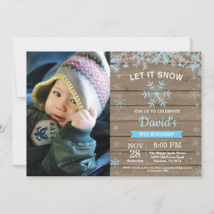 Rustic Winter Snowflake Blue Silver Boy Birthday Invitation
