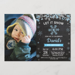 Rustic Winter Snowflake Blue Silver Boy Birthday Invitation
