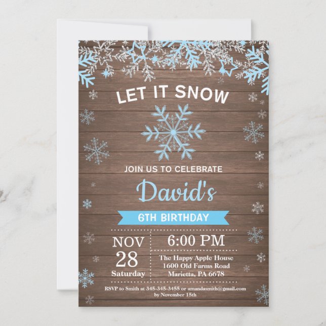 Rustic Winter Snowflake Blue Silver Boy Birthday Invitation (Front)