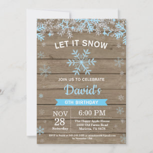 Rustic Winter Snowflake Blue Silver Boy Birthday Invitation