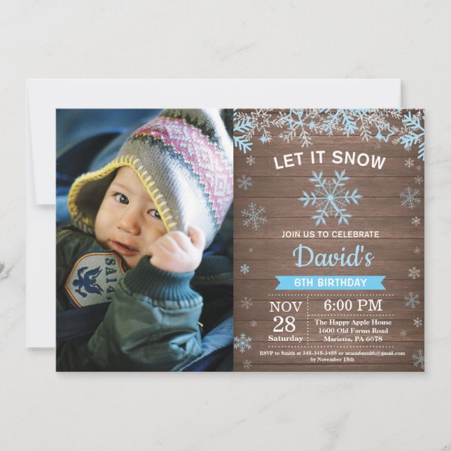 Rustic Winter Snowflake Blue Silver Boy Birthday Invitation (Front)