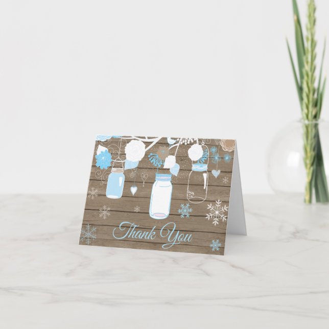 Rustic Winter Snowflake Mason Jar Blue Thank You Card (Front)