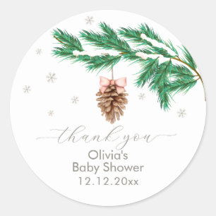 Rustic Winter Snowflake Pine cone Baby Shower  Classic Round Sticker