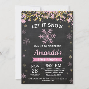 Rustic Winter Snowflake Pink Gold Girl Birthday Invitation