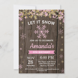 Rustic Winter Snowflake Pink Gold Girl Birthday Invitation