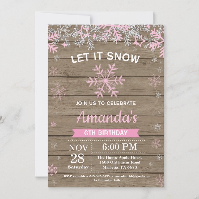 Rustic Winter Snowflake Pink Silver Girl Birthday Invitation (Front)
