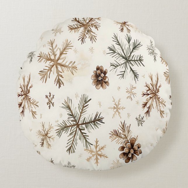 Rustic winter snowflakes and pinecones round cushion (Front)