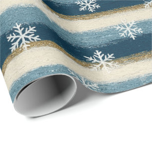 Rustic Winter Snowflakes Blue Gold Painted Stripes Wrapping Paper