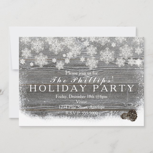 Rustic Winter Snowflakes & Pinecones Invitations (Front)