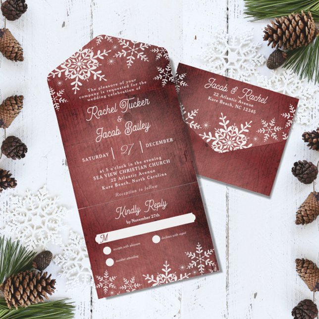 Rustic Winter Snowflakes Red Christmas Wedding All In One Invitation (Creator Uploaded)