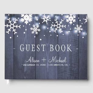 Rustic winter snowflakes string lights wedding guest book