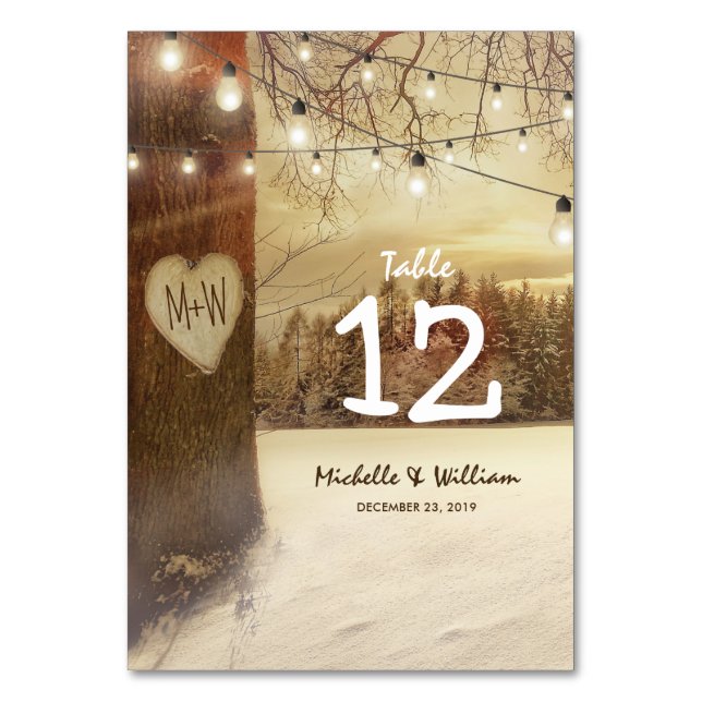 Rustic Winter Tree Lights Wedding Table Numbers (Front)