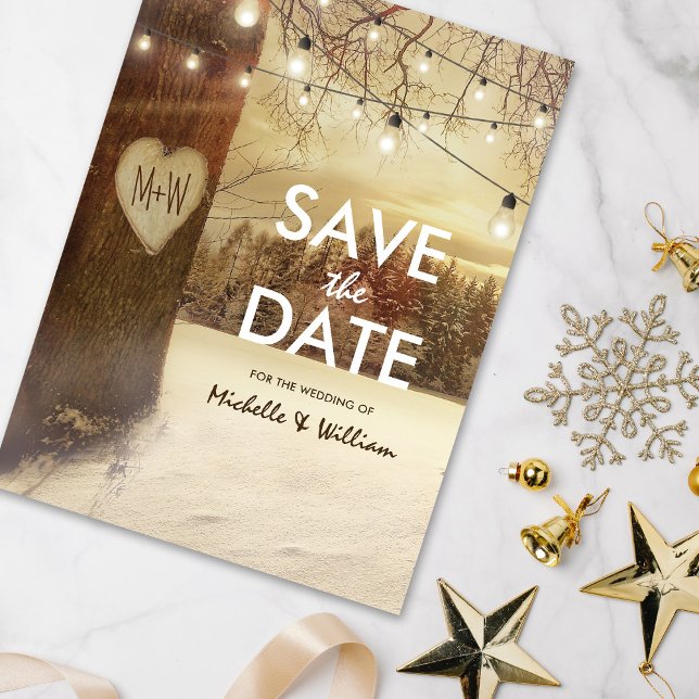 Rustic Winter Tree Twinkle Lights Save the Date Announcement Postcard (Creator Uploaded)