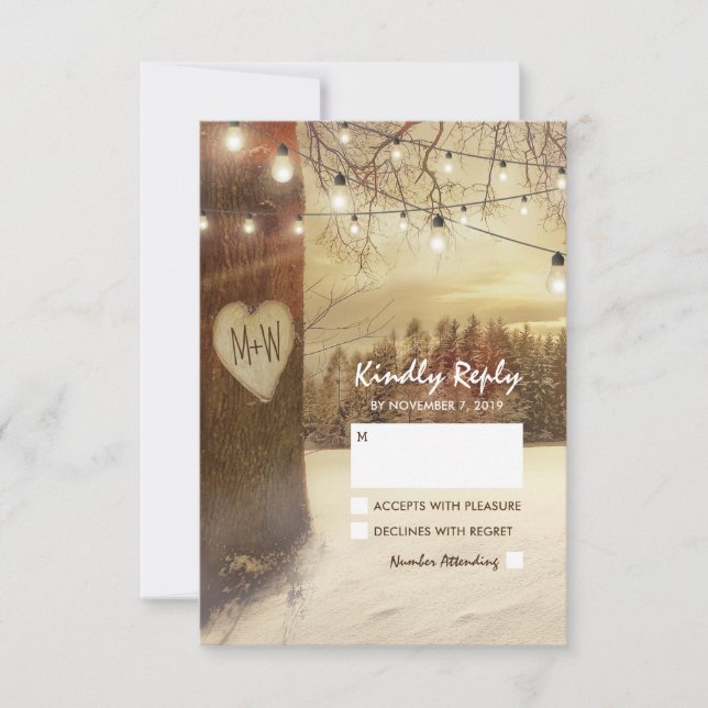 Rustic Winter Tree Twinkle Lights Wedding RSVP (Front)