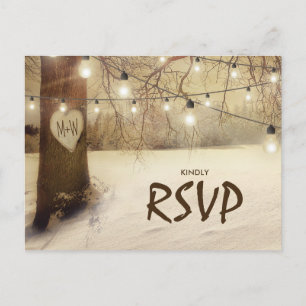 Rustic Winter Tree Twinkle Lights Wedding RSVP Invitation Postcard
