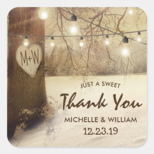 Rustic Winter Tree Twinkle Lights Wedding Square Sticker