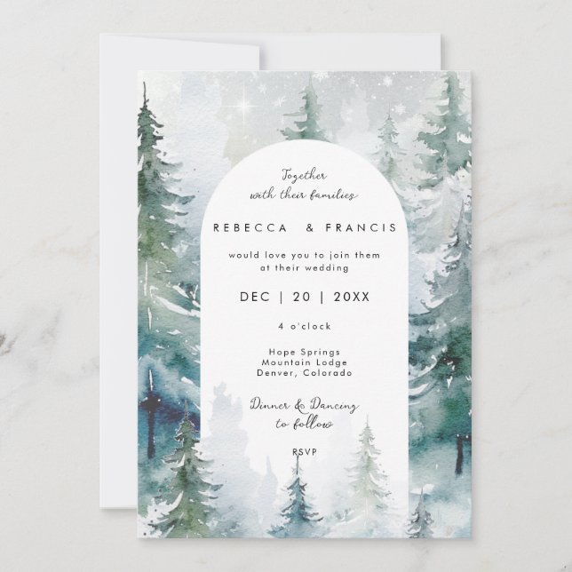 rustic winter trees snow wedding invitation (Front)