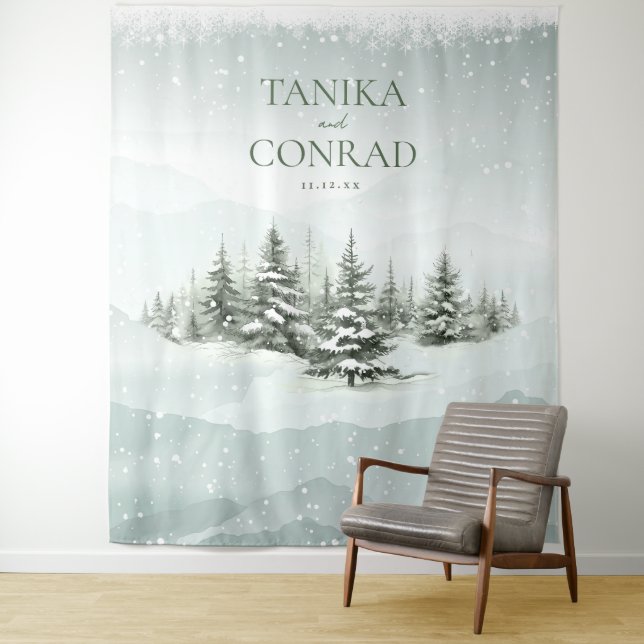 Rustic Winter Wedding Arch Forest Green ID1049 Tapestry (In Situ)