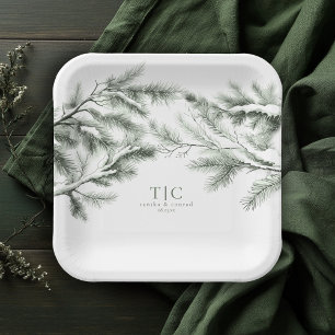 Rustic Winter Wedding Boughs Forest Green ID1049 Paper Plate