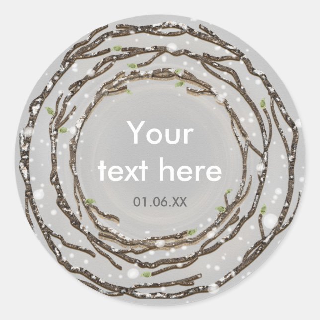 Rustic Winter Wedding Branches & Country Snow Classic Round Sticker (Front)