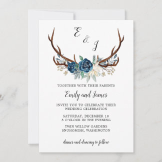 Rustic Winter Wedding Invitation with Navy Roses